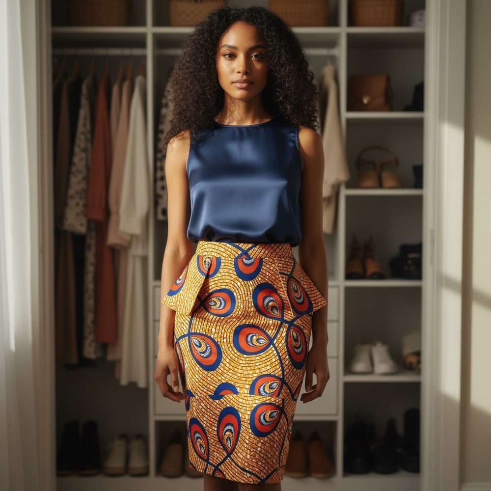 Printed Peplum Pencil Skirt in Yellow & Navy